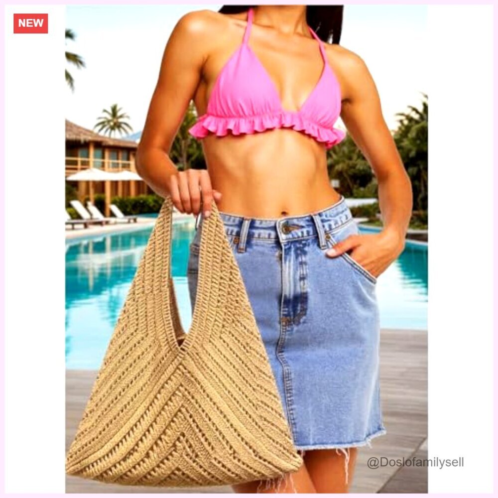 Crochet Beach Tote Bag Lightweight Foldable Mesh Knit Bag - Picture 3 of 7